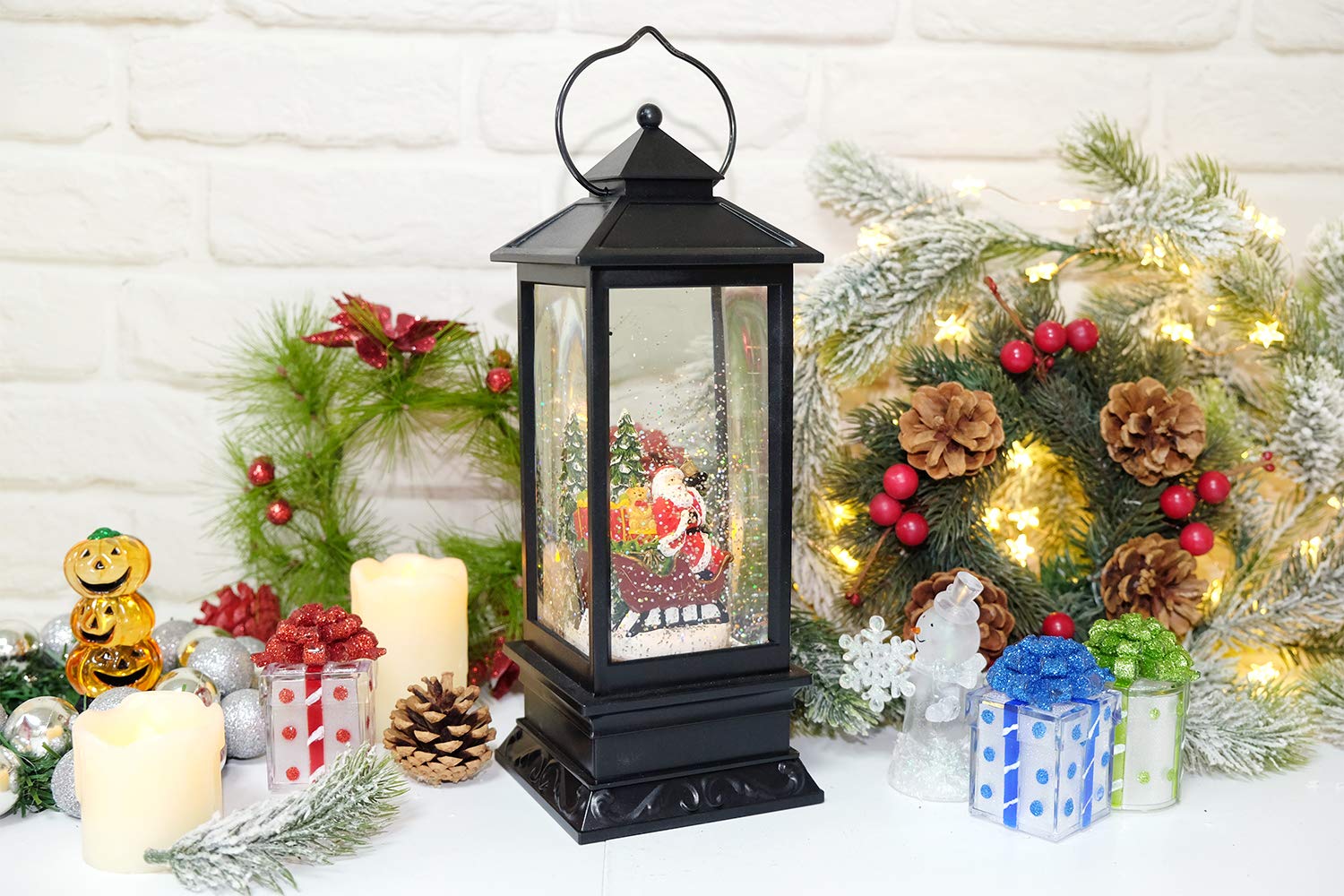 Eldnacele Singing Battery Operated & Plug-in Musical Lighted Christmas Snow Spinning Water Glittering Snow Globe Lantern Home De